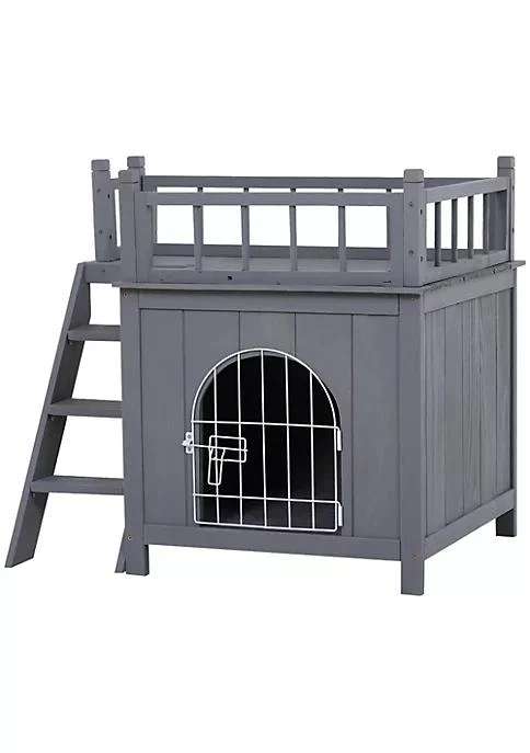 商品belk|2 Level Elevated Waterproof Outdoor Wooden Treehouse Cat Shelter With Balcony Grey,价格¥852,第2张图片详细描述