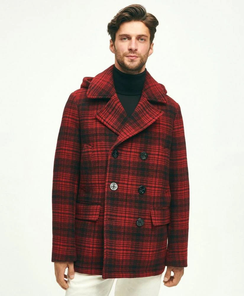 商品Brooks Brothers|Wool Hooded Buffalo Check Pea Coat,价格¥4392,第1张图片