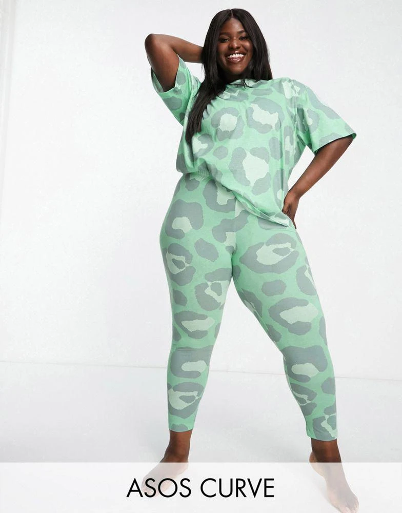 商品ASOS|ASOS DESIGN Curve animal oversized tee & legging pyjama set in green,价格¥245,第1张图片