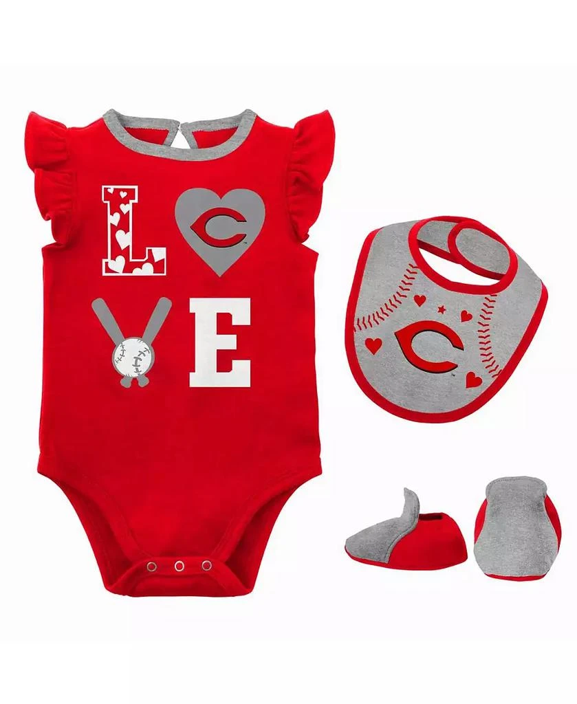 商品Outerstuff|Baby Boys and Girls Red, Heather Gray Cincinnati Reds Three-Piece Love of Baseball Bib, Bodysuit and Booties Set,价格¥240,第1张图片