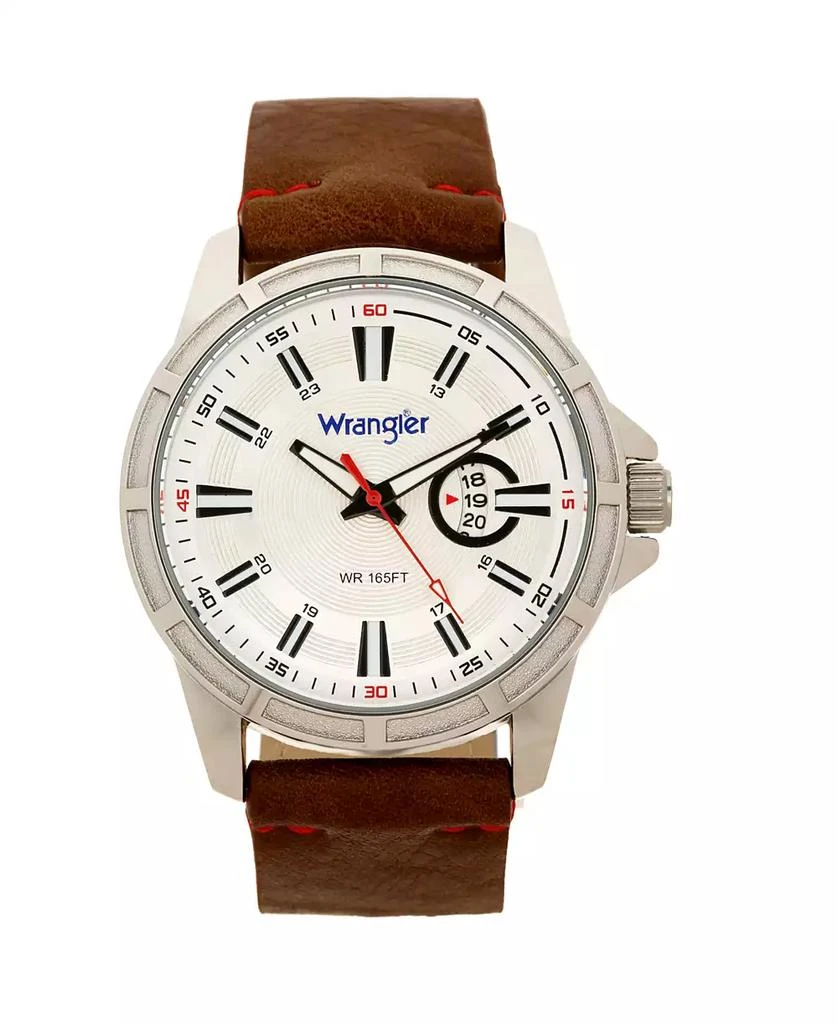 商品Wrangler|Men's Watch, 46MM Silver Colored Case with Cutout Bezel, Silver Milled Dial with White Index Markers, Analog. Red Second Hand and Cutout Crescent Date Function, Brown Strap with Red Accent,价格¥425,第1张图片