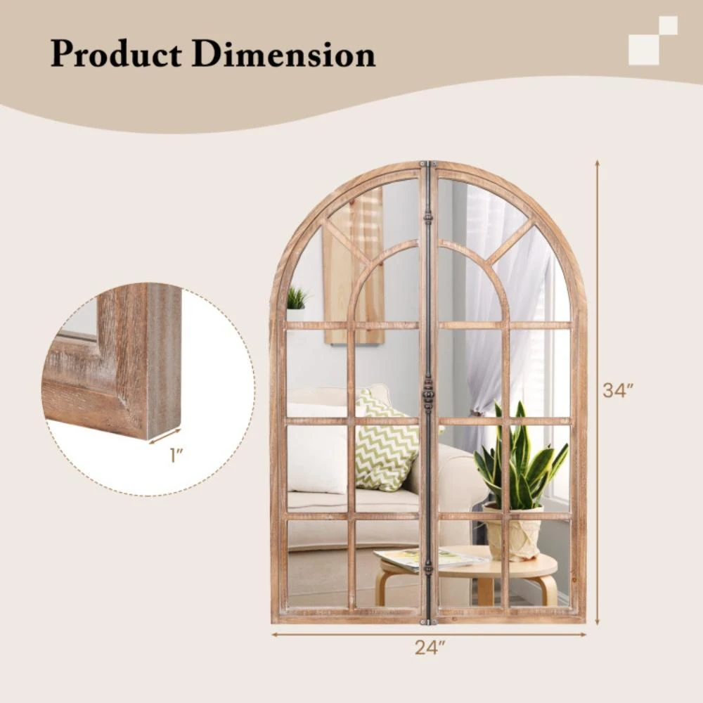 商品Hivvago|Arched Window Pane Farmhouse Wall Mounted Decorative Mirror-Nature,价格¥847,第5张图片详细描述