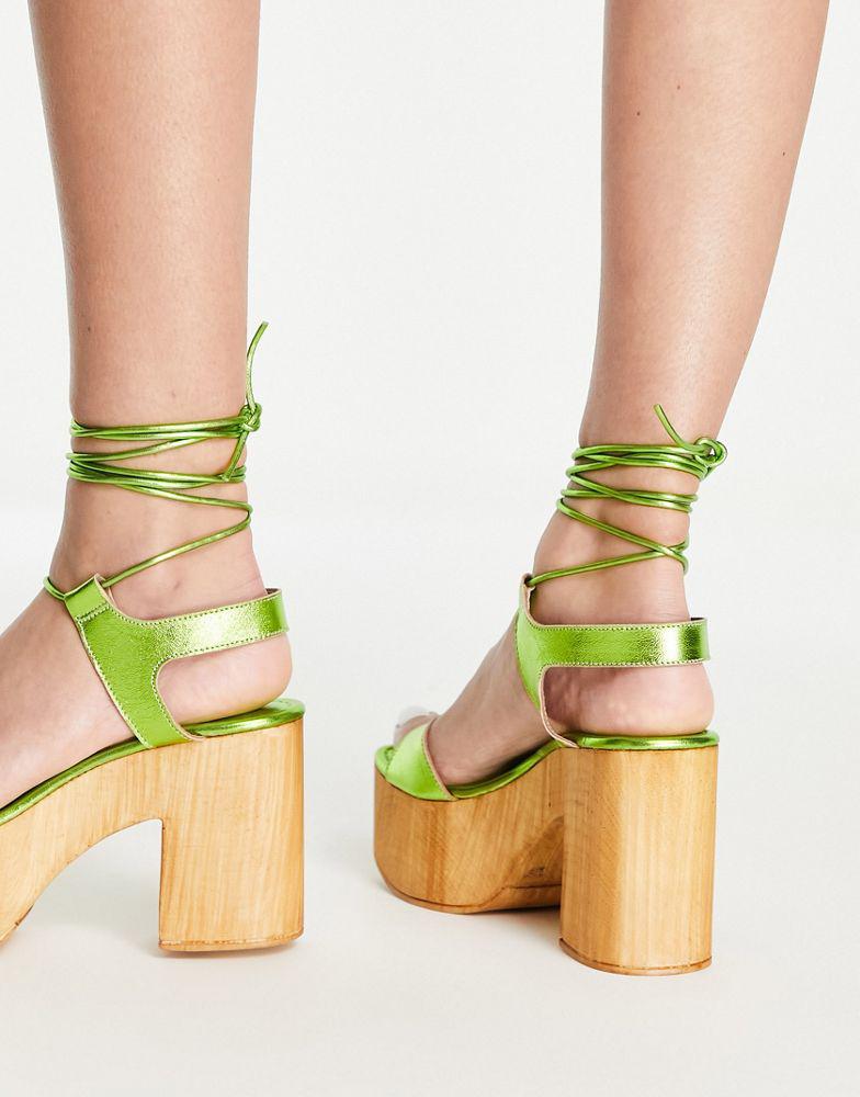 Topshop Wiley ghillie tie heeled clog in green商品第3张图片规格展示