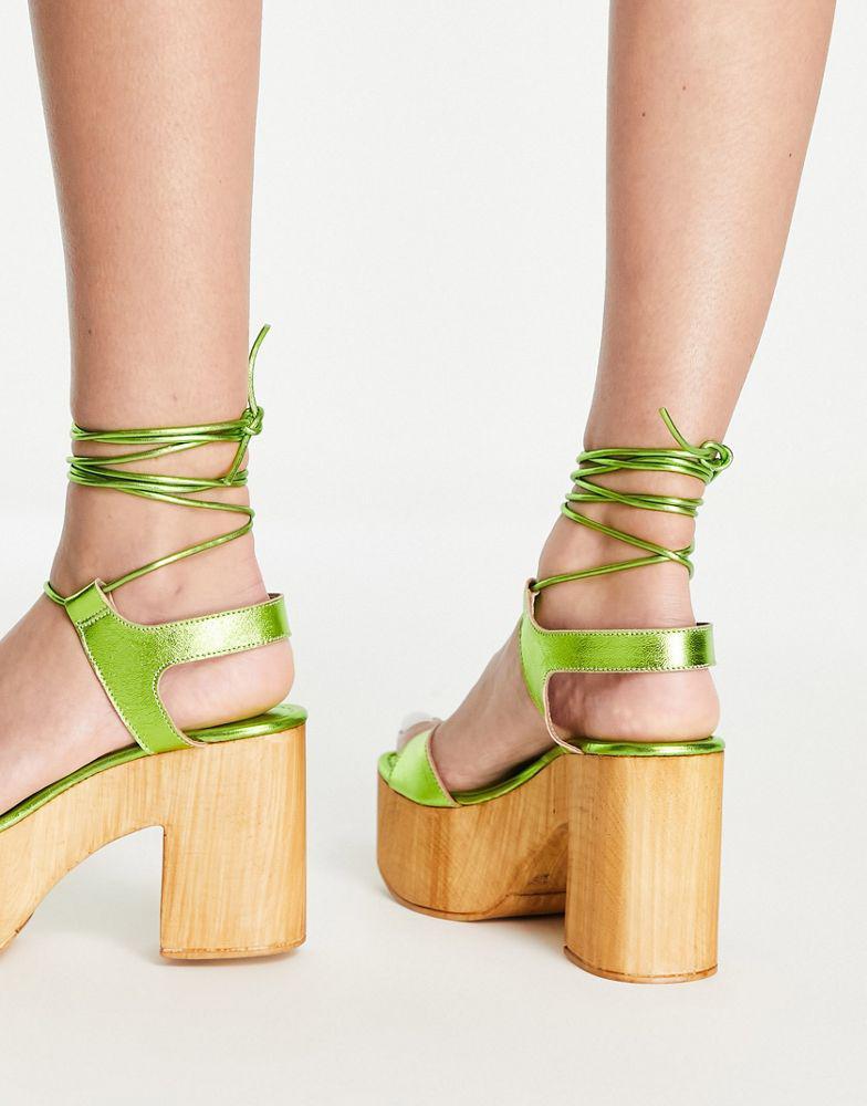 商品Topshop|Topshop Wiley ghillie tie heeled clog in green,价格¥285,第5张图片详细描述