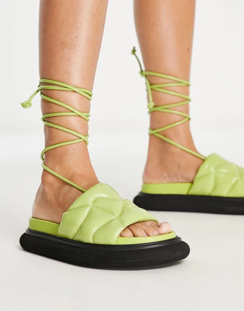 商品Topshop|Topshop Peach premium leather padded flat sandal with ankle tie in lime,价格¥256,第1张图片