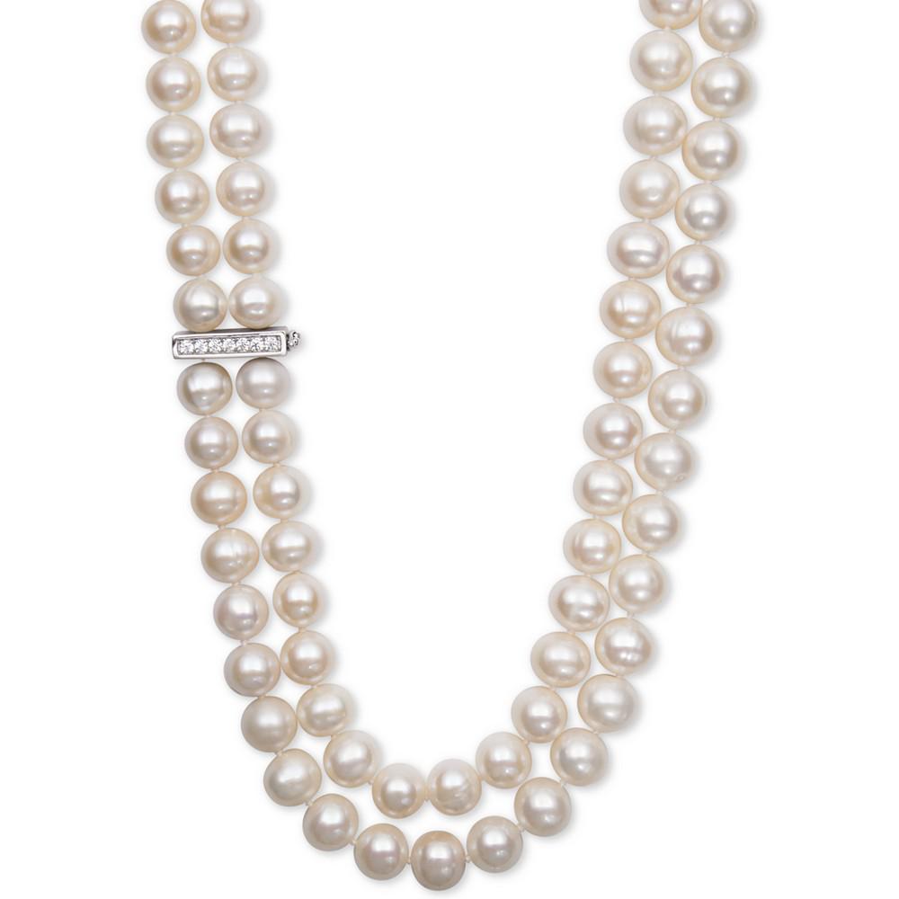White Cultured Freshwater Pearl (8-1/2mm) and Cubic Zirconia Double Strand Necklace商品第1张图片规格展示