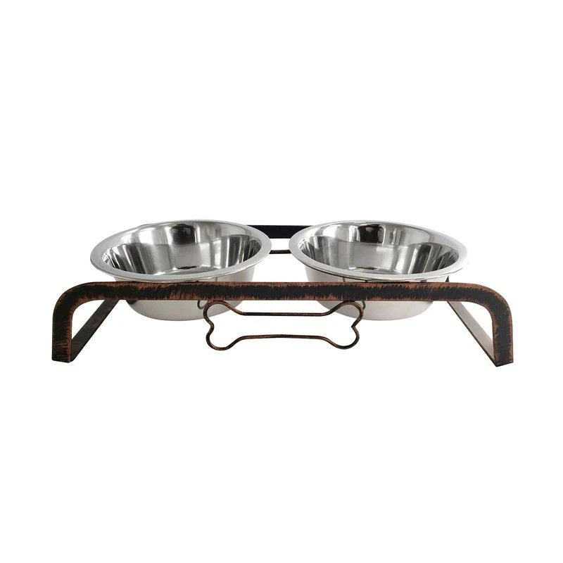 商品American Pet Supplies|Country Living Elevated Rustic Design Dog Bone Feeder with 2 Stainless Steel Bowls 1 QUART,价格¥188,第1张图片