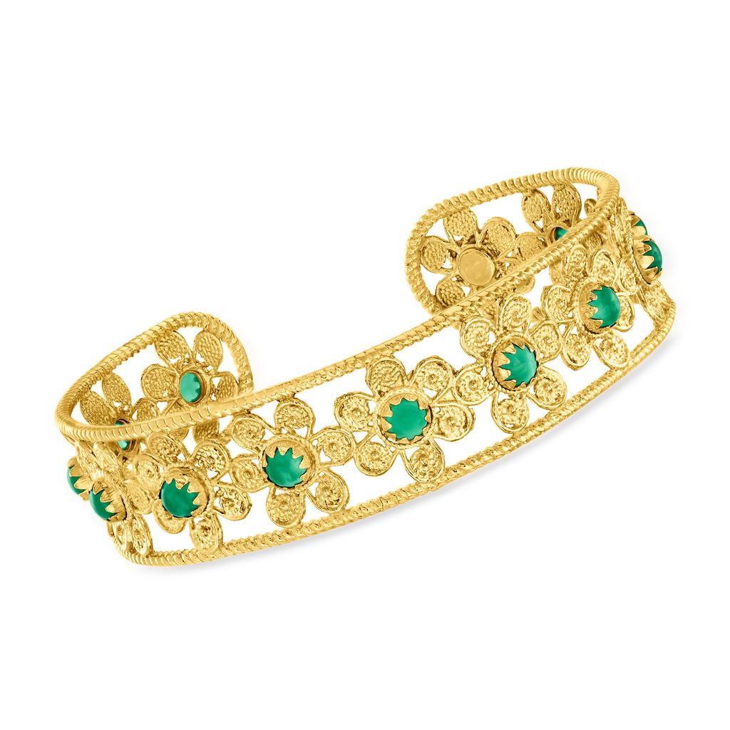 Ross-Simons Italian Green Agate Floral Cuff Bracelet in 18kt Gold Over Sterling商品第1张图片规格展示