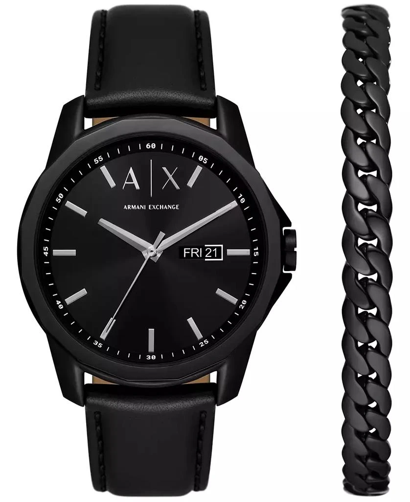 商品Armani Exchange|Men's Three-Hand Day-Date Quartz Black Leather Watch 44mm and Black Stainless Steel Bracelet Set,价格¥994,第1张图片