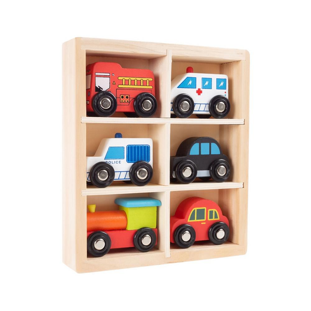 Hey Play Wooden Car Playset - Mini Toy Vehicle Set With Cars, Police And Fire Trucks, Train-Pretend Play Fun For Preschool Boys And Girls, 6 Pieces商品第1张图片规格展示