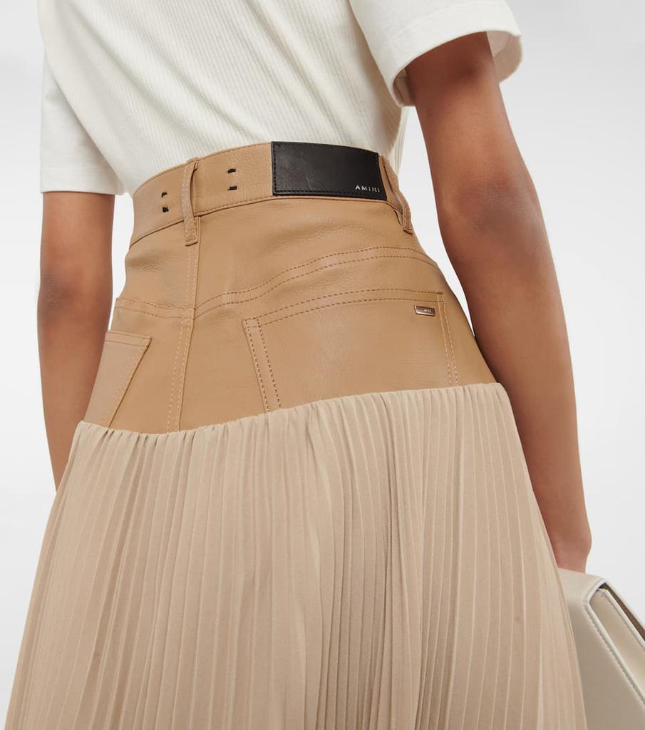 Pleated satin and leather midi skirt商品第5张图片规格展示