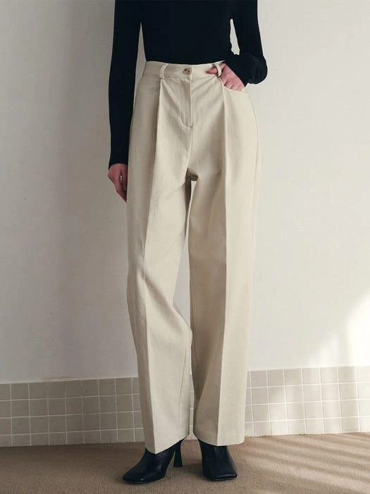 商品LOEIL|Fold Pin Tuck Wide Cotton Pants - Cream,价格¥767,第1张图片
