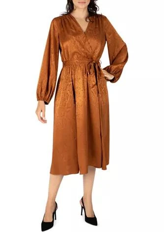 商品Sandra Darren|Darren Womens 3 4 Sleeve V Neck Satin Jacquard Midi Dress,价格¥536,第1张图片