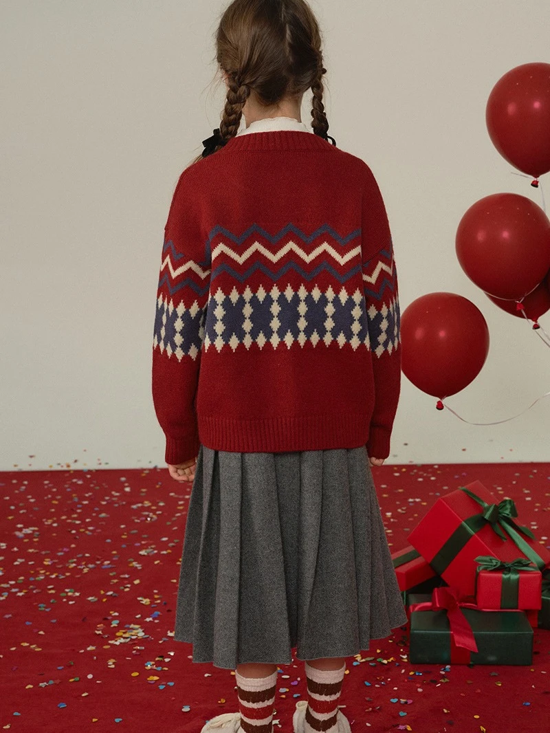 格岚云顿英国品牌高端系列女童冬季圣诞红色毛衣2024秋冬新款儿童洋气中大童针织开衫年服 商品
