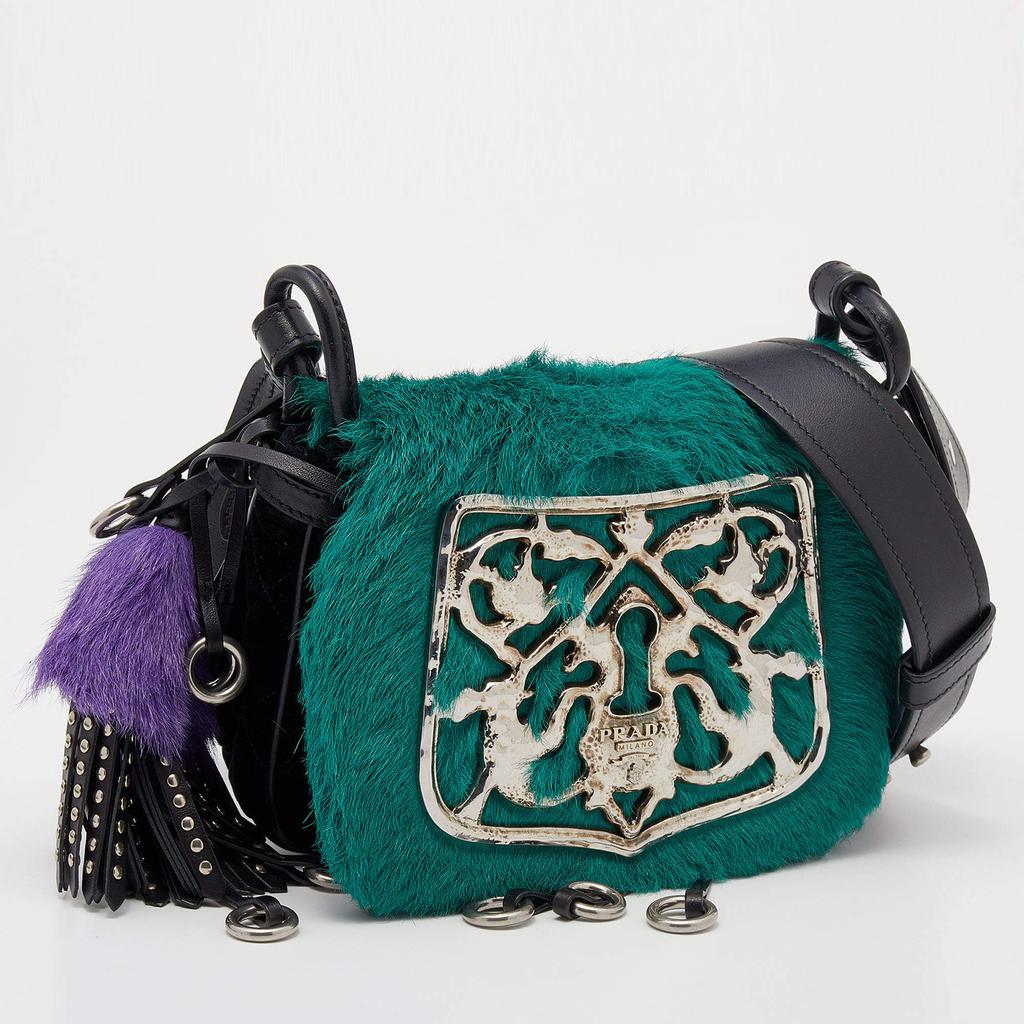 Prada Black/Green Calf Hair And Quilted Velvet Small Corsaire Shoulder Bag商品第4张图片规格展示