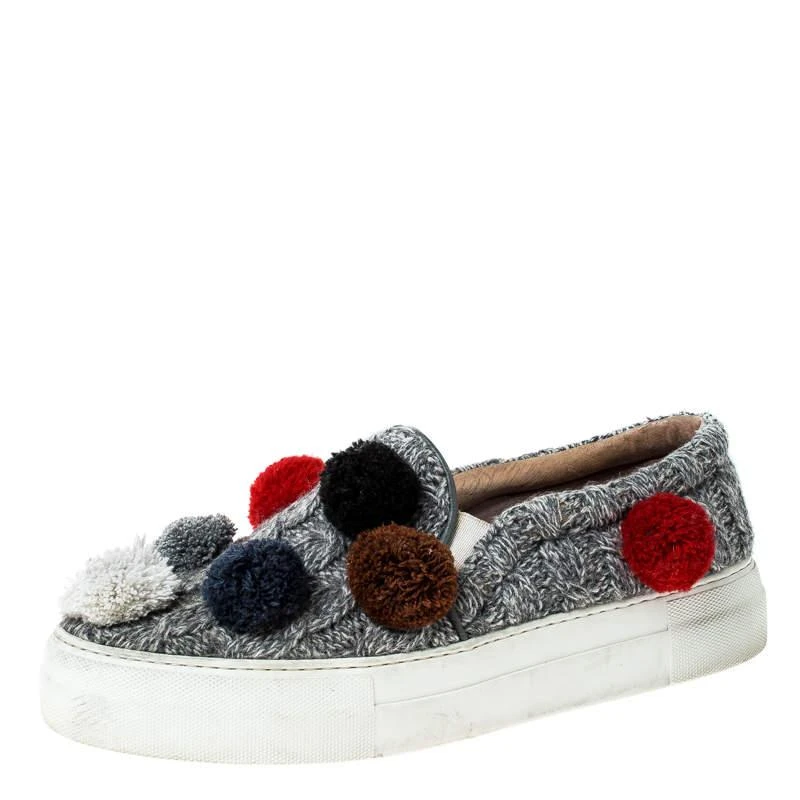 商品[二手商品] Joshua Sanders|Joshua Sanders Grey Wool Blend Pom Pom Slip On Sneakers Size 39,价格¥878,第1张图片