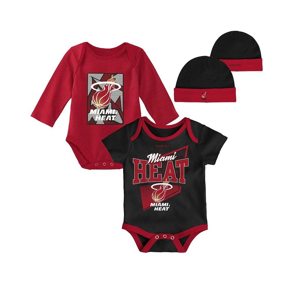 商品Mitchell & Ness|Infant Boys and Girls Black, Red Miami Heat Hardwood Classics Bodysuits and Cuffed Knit Hat Set,价格¥301,第1张图片