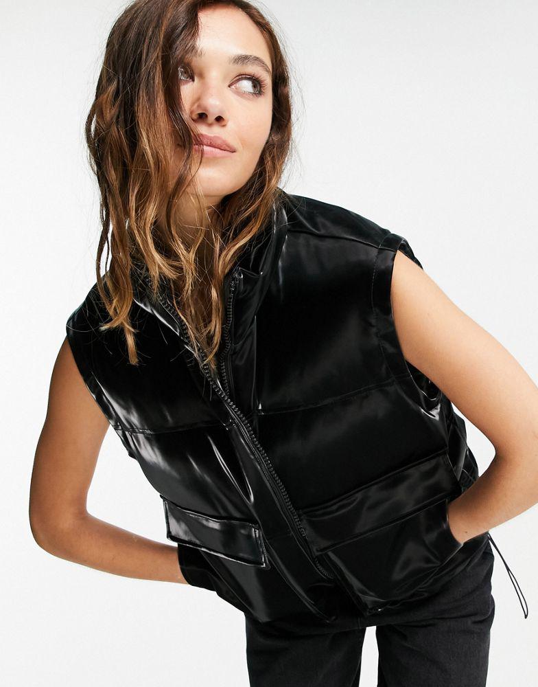 Topshop sheen puffer jacket with removeable sleeves in black商品第3张图片规格展示