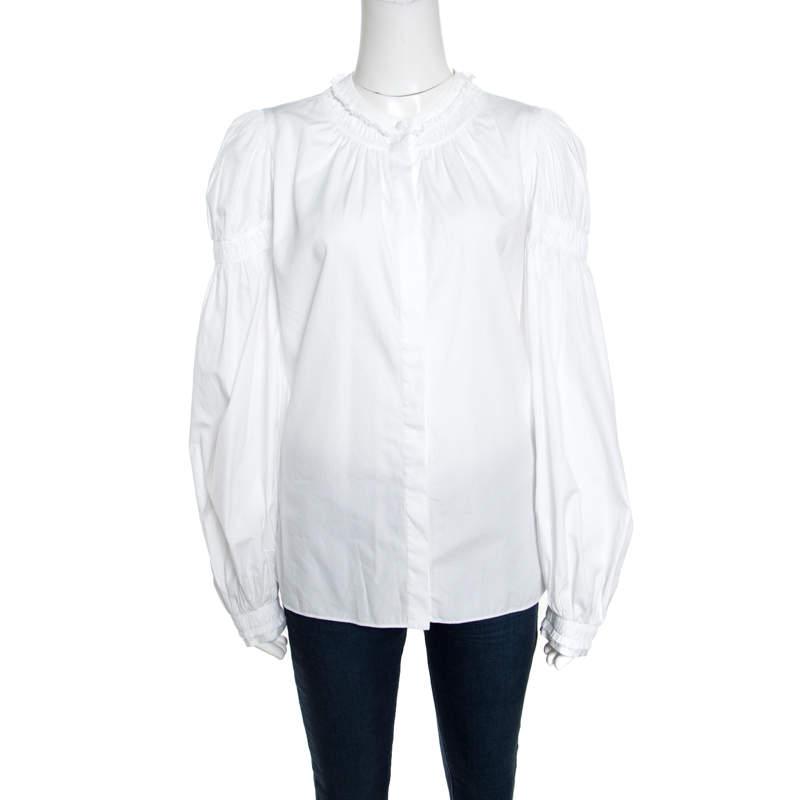 Alexander McQueen White Ruffled Gathered Trim Detail Long Sleeve Blouse M商品第1张图片规格展示