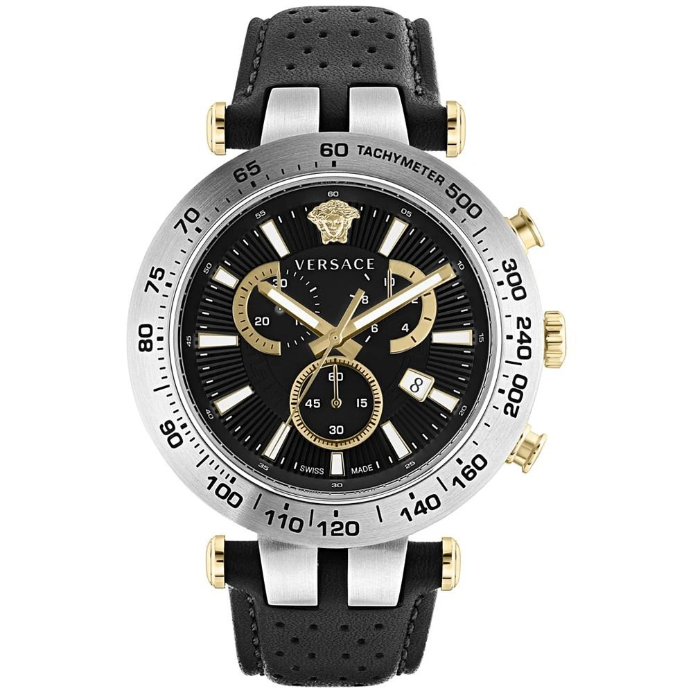 商品Versace|Men's Swiss Chronograph Bold Black Perforated Leather Strap Watch 46mm,价格¥8185,第1张图片