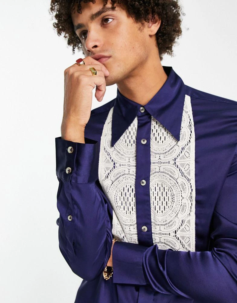 ASOS DESIGN satin shirt with lace bib and 70s collar in navy 商品