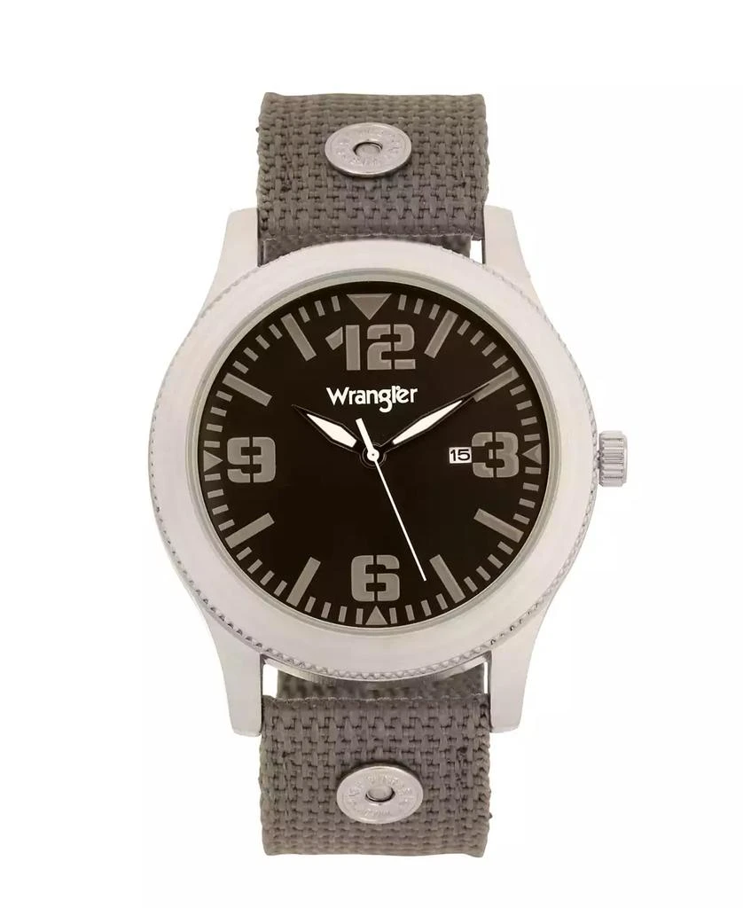 商品Wrangler|Men's Watch, 57MM Silver Colored Case with Black Dial, Black Arabic Numerals with White Hands, Green Nylon Strap with Rivets, White Second Hand,价格¥271,第1张图片