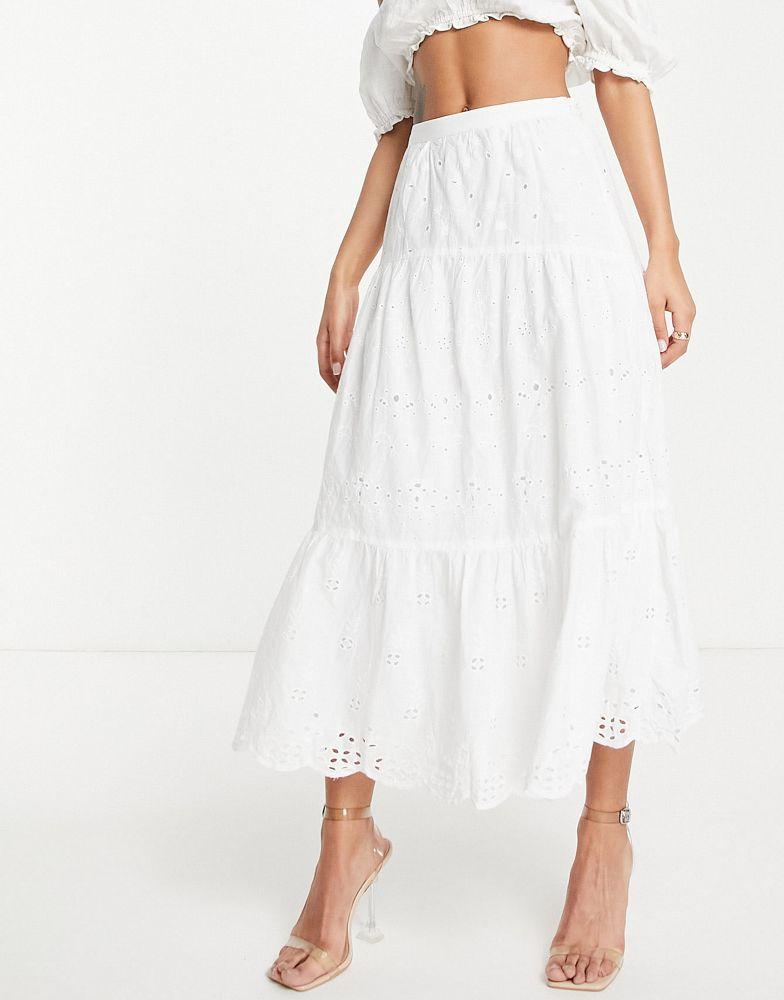 French Connection cotton tiered maxi skirt in white embroidery - WHITE商品第4张图片规格展示