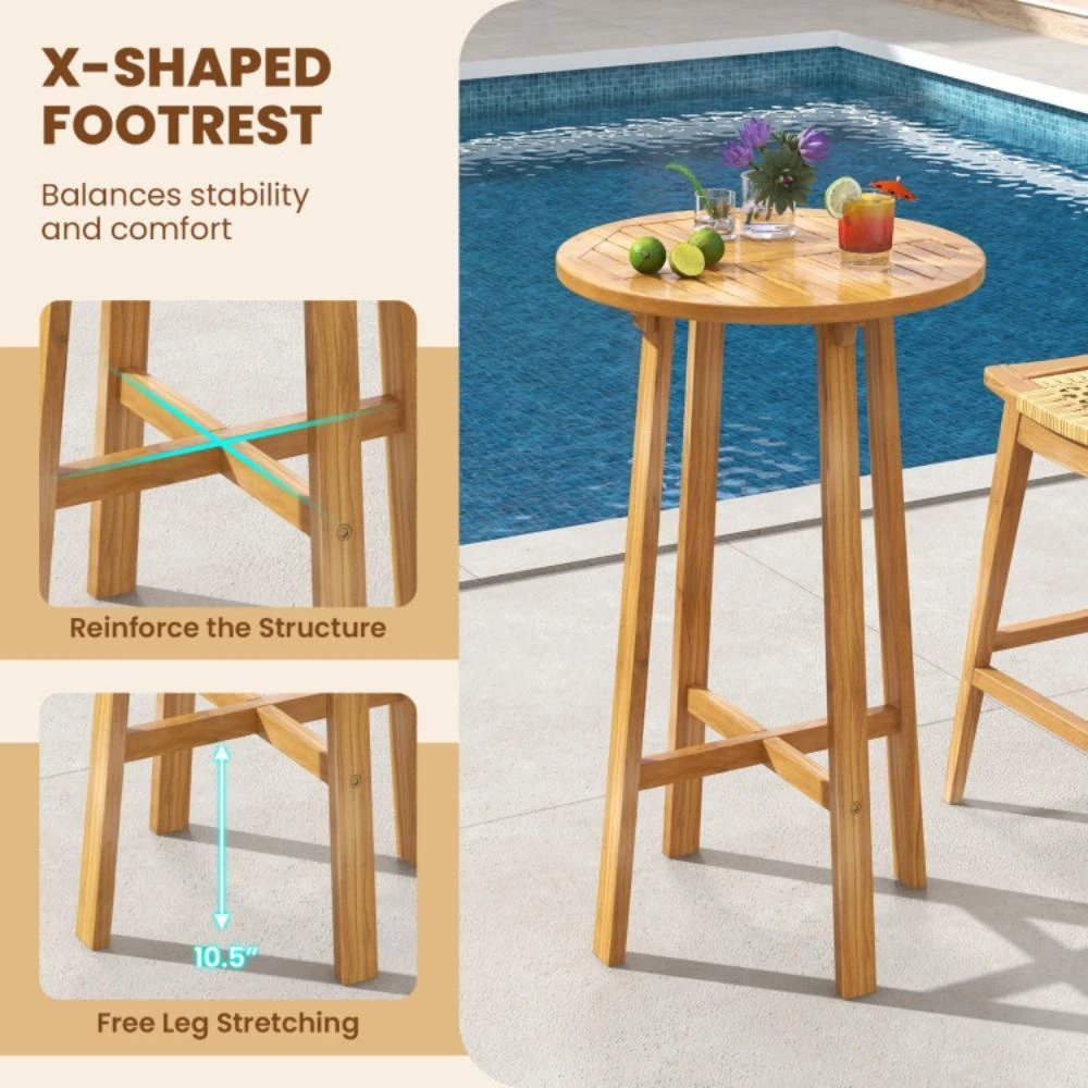 商品Hivvago|24 InchTeak Wood Round Bar Table with Footrest for Indoors Outdoors,价格¥1273,第4张图片详细描述