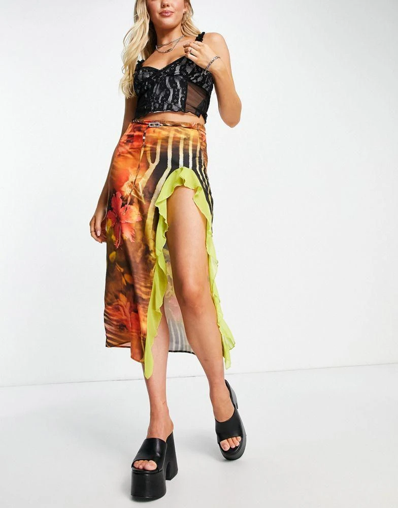 商品Jaded London|Jaded London low waist midi skirt with frilly split in multi spring print,价格¥454,第4张图片详细描述