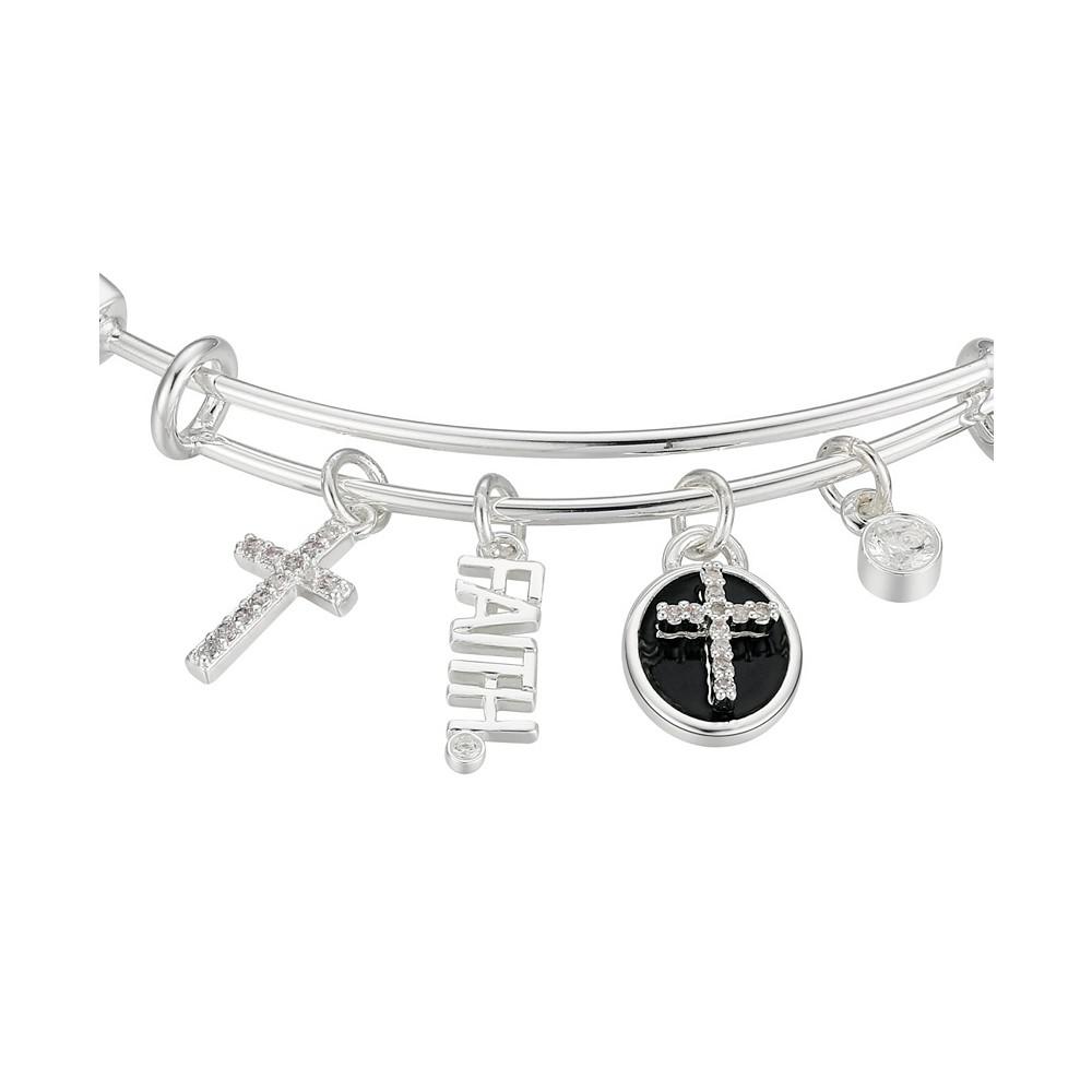 Silver-Plated Cross "Faith" Multi Charm Twist Design Bangle Bracelet商品第3张图片规格展示