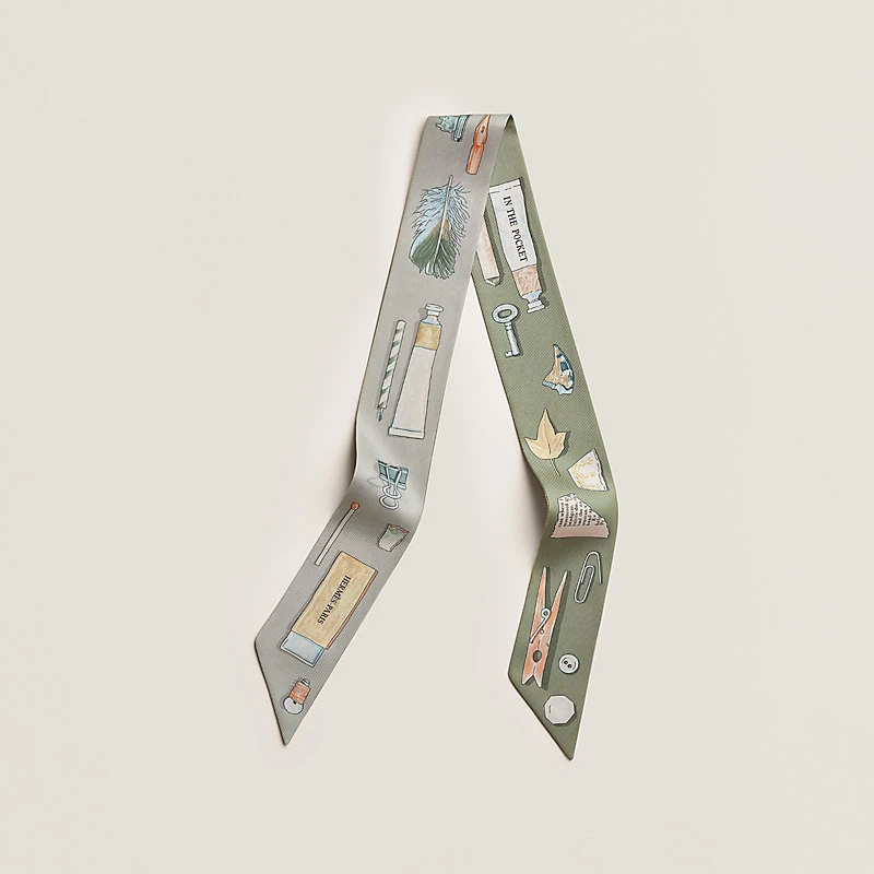 商品Hermes|爱马仕 Twilly女士灰色/绿色真丝丝巾 H062340S06,价格¥2026,第1张图片
