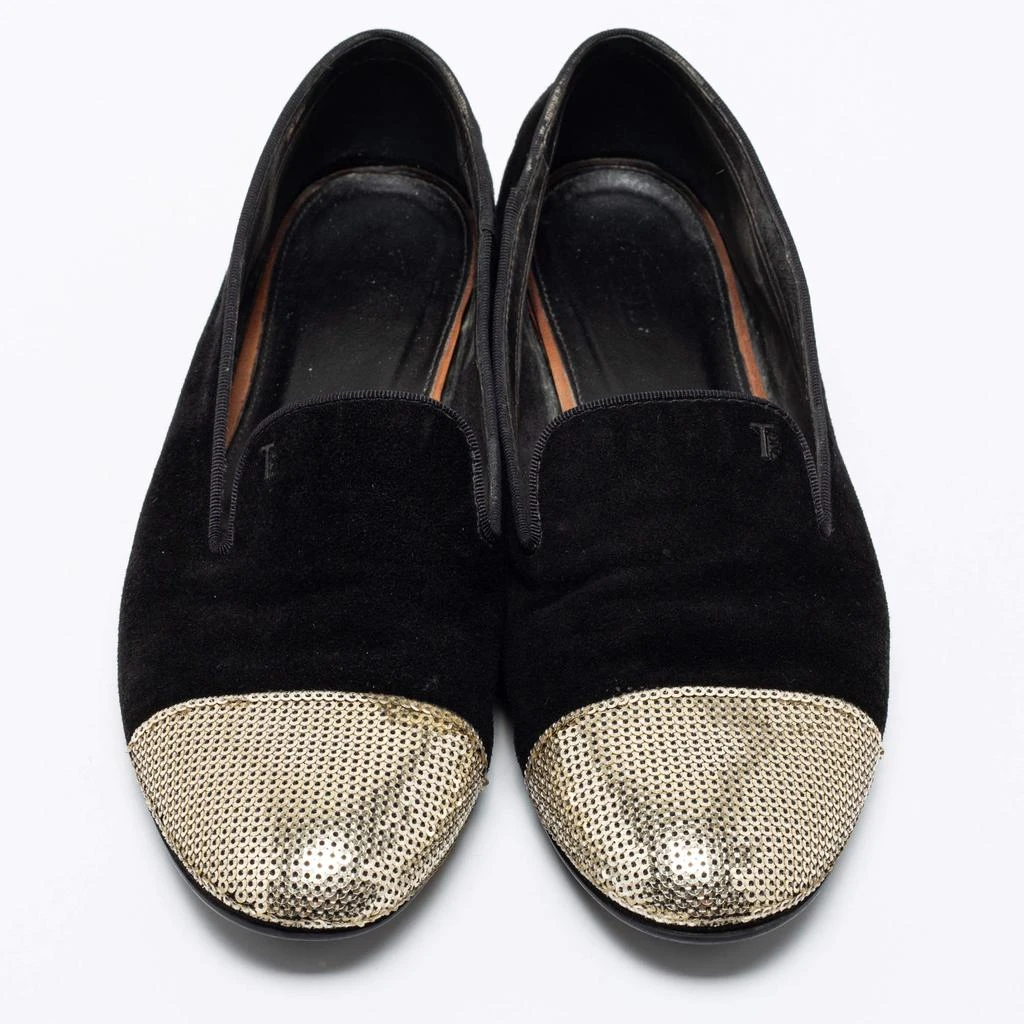 商品[二手商品] Tod's|Tod's Black/Gold Suede and Sequins Embellished Cap-Toe Slip-On Loafers Size 37.5,价格¥1549,第3张图片详细描述
