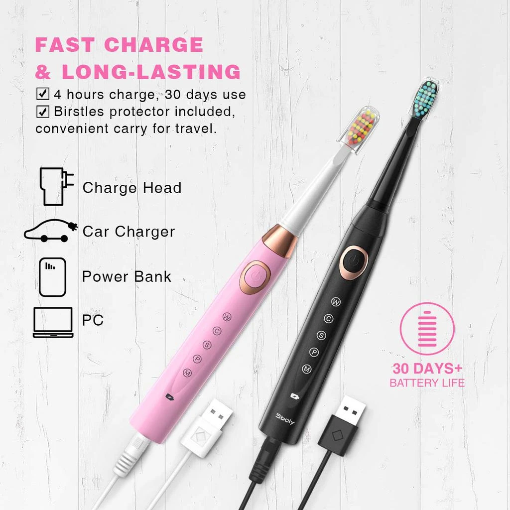 商品Sboly|2 Sonic Electric Toothbrushes 5 Modes 8 Brush Heads USB Fast Charge Powered Toothbrush Last for 30 Days, Built-in Smart Timer Rechargeable Toothbrushes for Adults and Kids (1 Black and 1 Pink) SY-508,价格¥420,第3张图片详细描述