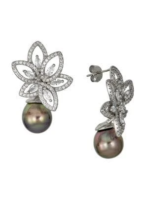 商品BELPEARL|925 Sterling Silver, Cubic Zirconia & 10-11MM Tahitian Pearl Drop Earrings,价格¥766,第1张图片