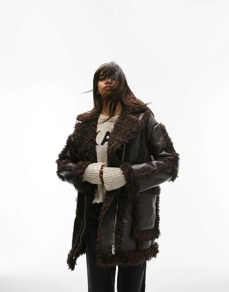 商品Topshop|Topshop faux shearling mid length aviator jacket with faux fur details in brown,价格¥308,第2张图片详细描述