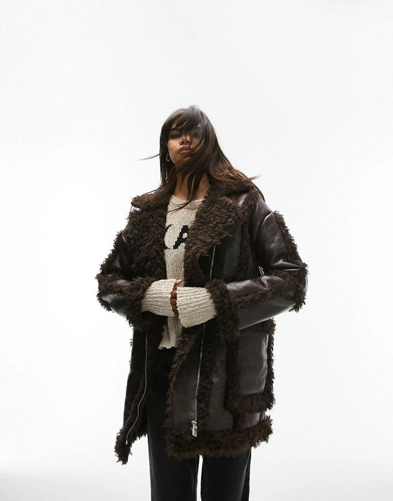 商品Topshop|Topshop faux shearling mid length aviator jacket with faux fur details in brown,价格¥315,第2张图片详细描述