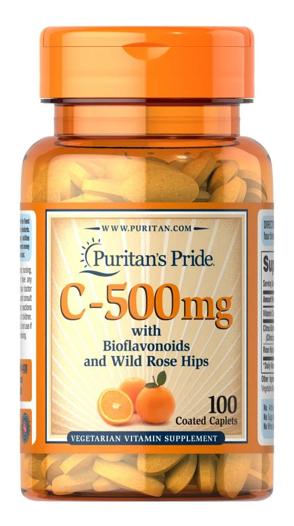 商品Puritan's Pride|Vitamin C 500 mg with Bioflavonoids & Rose Hips 100 caplets,价格¥75-¥149,第1张图片