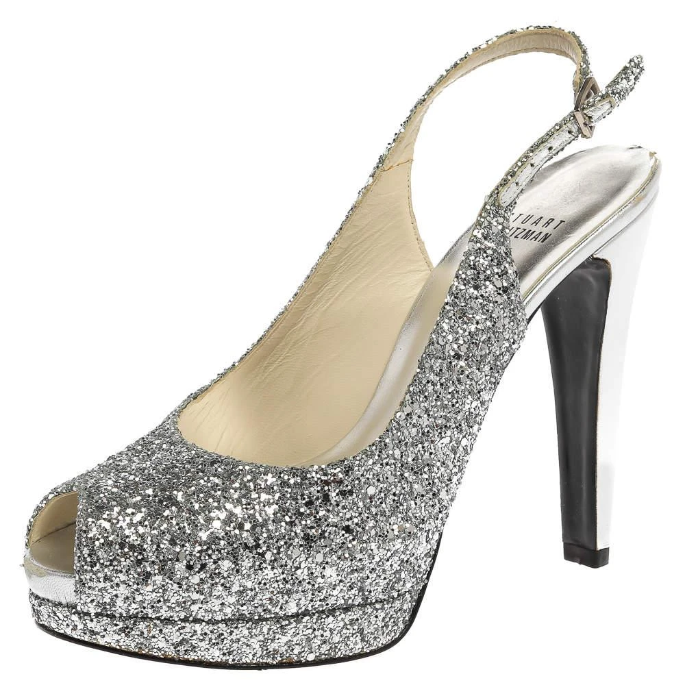 商品[二手商品] Stuart Weitzman|Stuart Weitzman Silver Coarse Glitter Peep Toe Slingback Sandals Size 38.5,价格¥1030,第1张图片