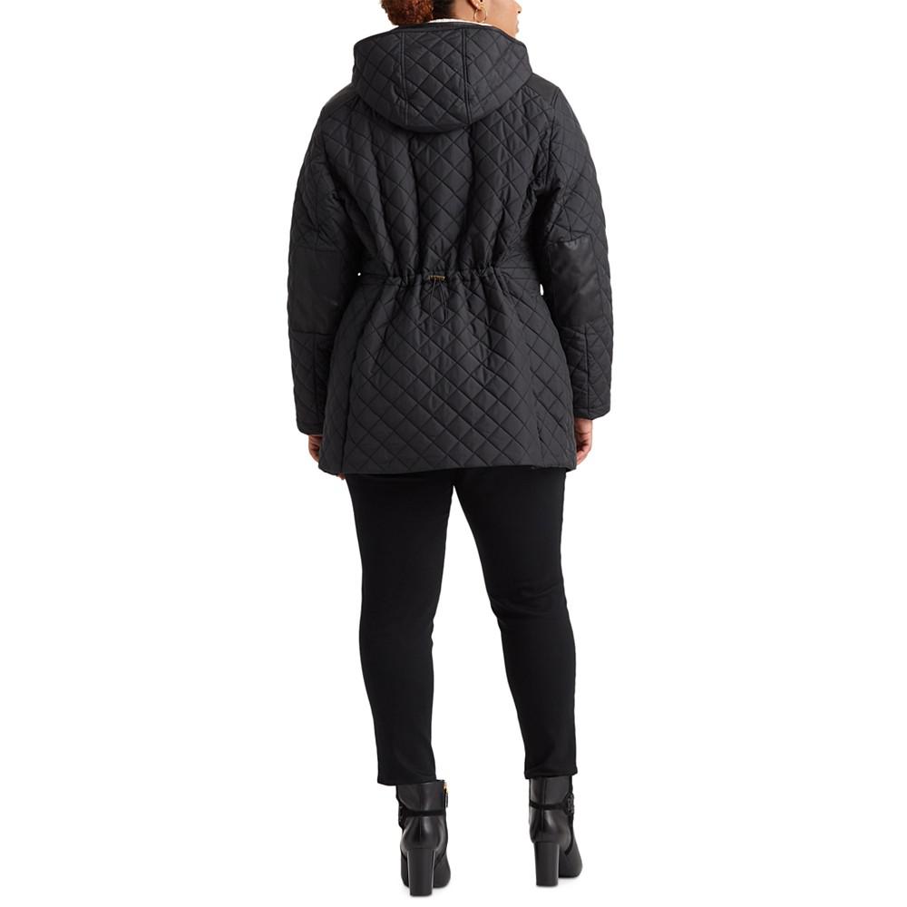 Plus Size Faux-Leather Trimmed Hooded Anorak Quilted Coat, Created for Macy's商品第2张图片规格展示