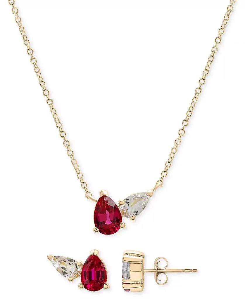 商品Macy's|2-Pc. Set Lab-Created Ruby (1-1/2 ct. t.w.) & Lab-Created White Sapphire Pear Duo Pendant Necklace & Matching Stud Earrings in 14k Gold-Plated Sterling Silver,价格¥1148,第1张图片