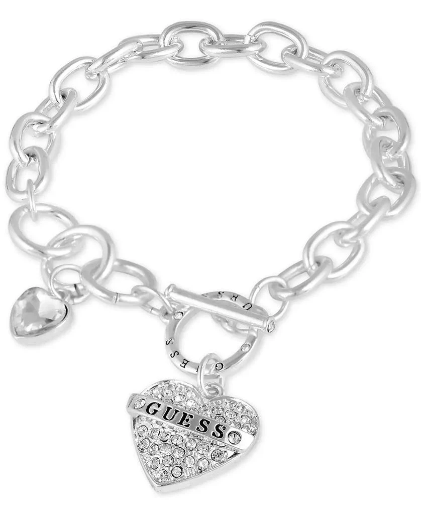 商品GUESS|Silver-Tone Crystal Logo Heart Charm Link Bracelet,价格¥113,第1张图片