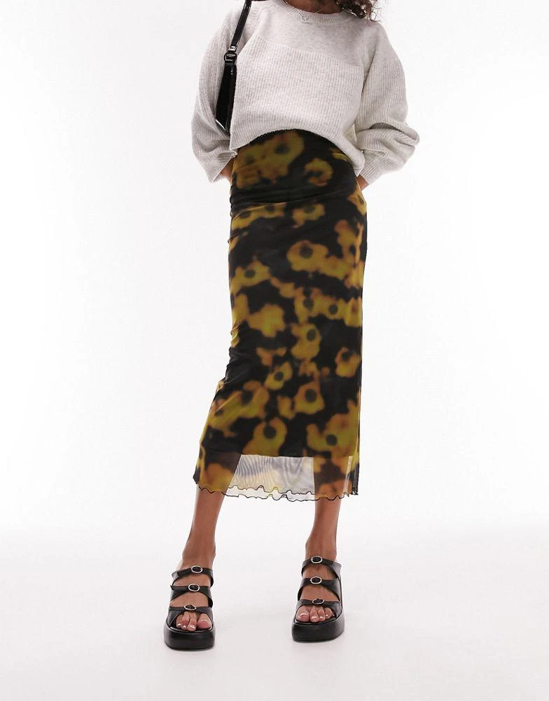 商品Topshop|Topshop jersey mesh photographic floral print midi skirt in black and yellow,价格¥263,第4张图片详细描述
