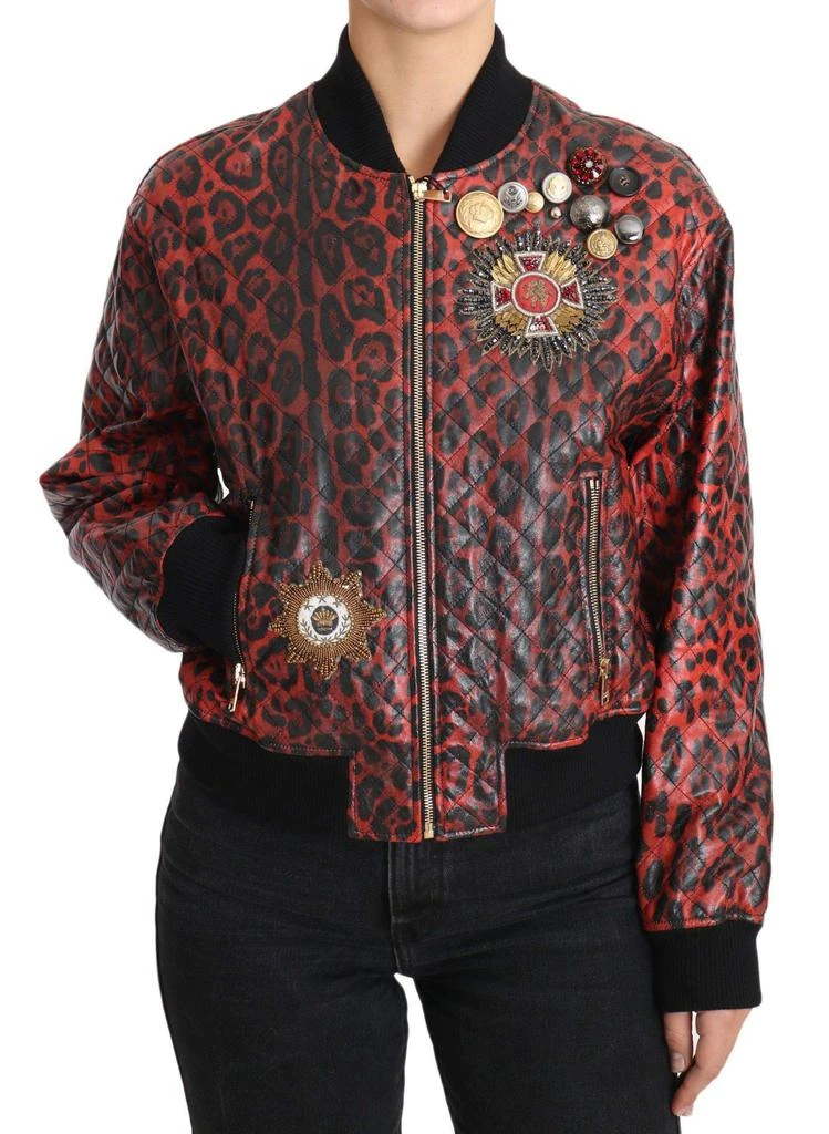 商品Dolce & Gabbana|Dolce & Gabbana  Red Leopard Button Crystal Leather Jacket,价格¥20070,第1张图片