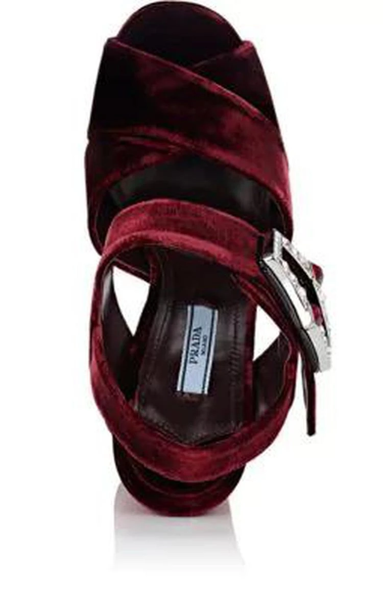 商品Prada|Jeweled-Buckle Velvet Platform Sandals,价格¥2967,第4张图片详细描述