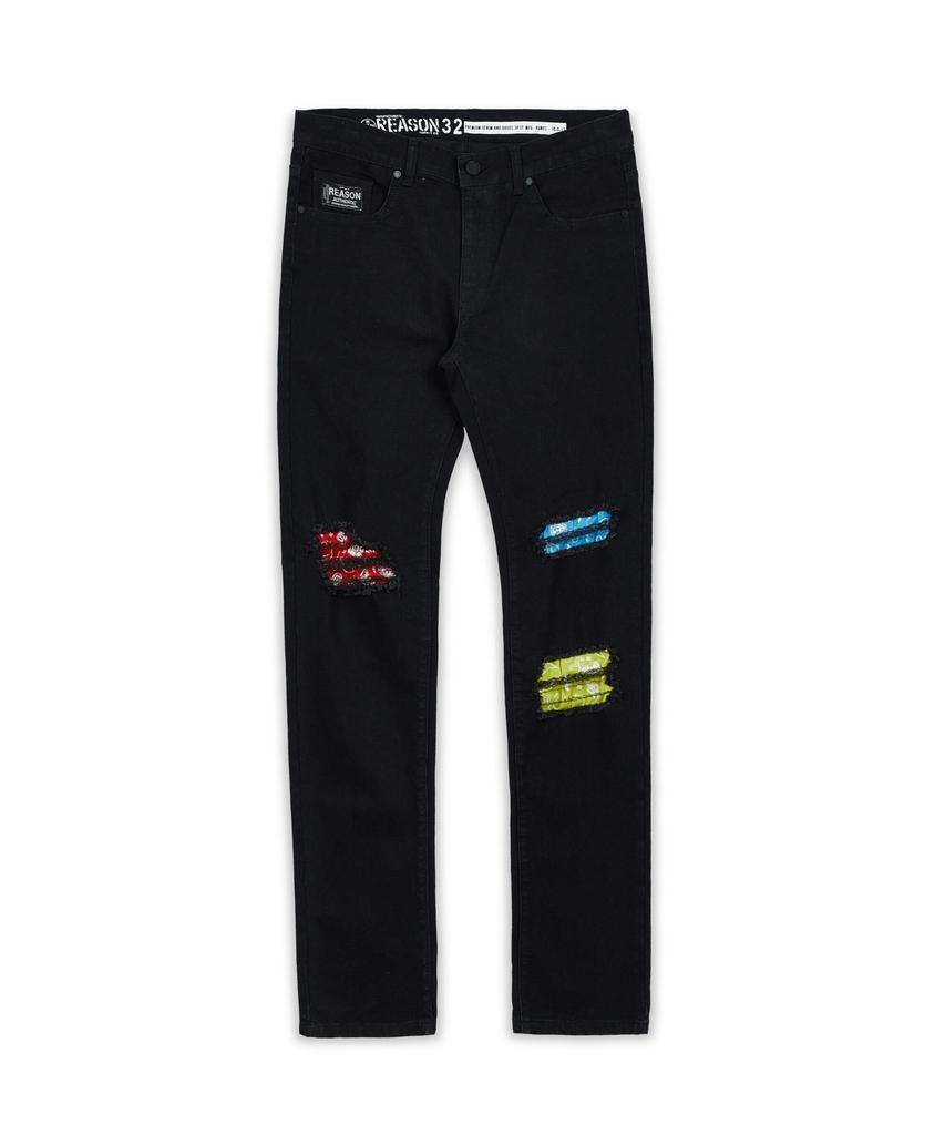 商品Reason Clothing|Bishop Colorful Patched Slim Fit Black Denim Jeans,价格¥363,第1张图片