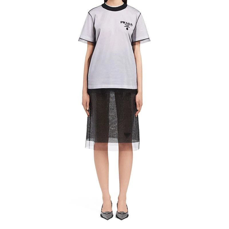商品Prada|【预售3-7天】普拉达  女士黑白色刺绣薄纱平纹针织棉质短袖T恤3579AR_1Z5S_F0964_S_221,价格¥8656,第4张图片详细描述