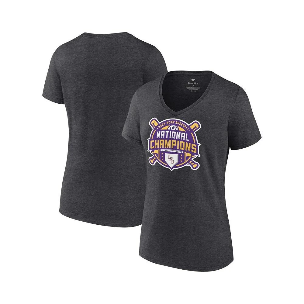 商品Fanatics|Women's Branded Heather Charcoal LSU Tigers 2023 NCAA Men's Baseball College World Series Champions Official Logo V-Neck T-shirt,价格¥262,第1张图片