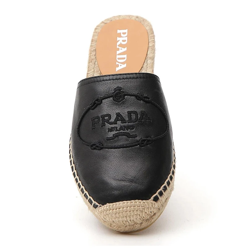 PRADA 女士黑色徽标麻底穆勒鞋  1S154M-034-F0002 商品