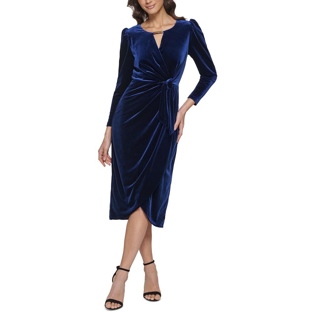 Women's Velvet Faux-Wrap Long-Sleeve Dress商品第1张图片规格展示