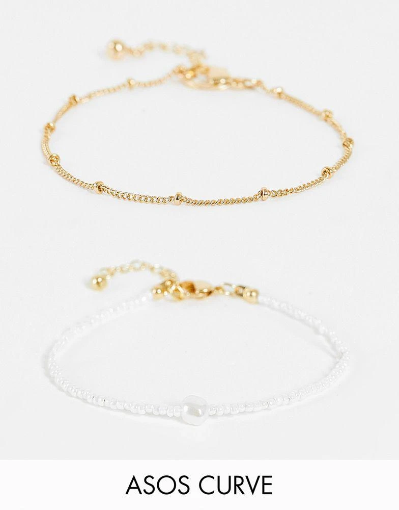 商品ASOS|ASOS DESIGN Curve pack of 2 bracelet with micro faux pearl and dot dash chain in gold tone,价格¥57,第1张图片